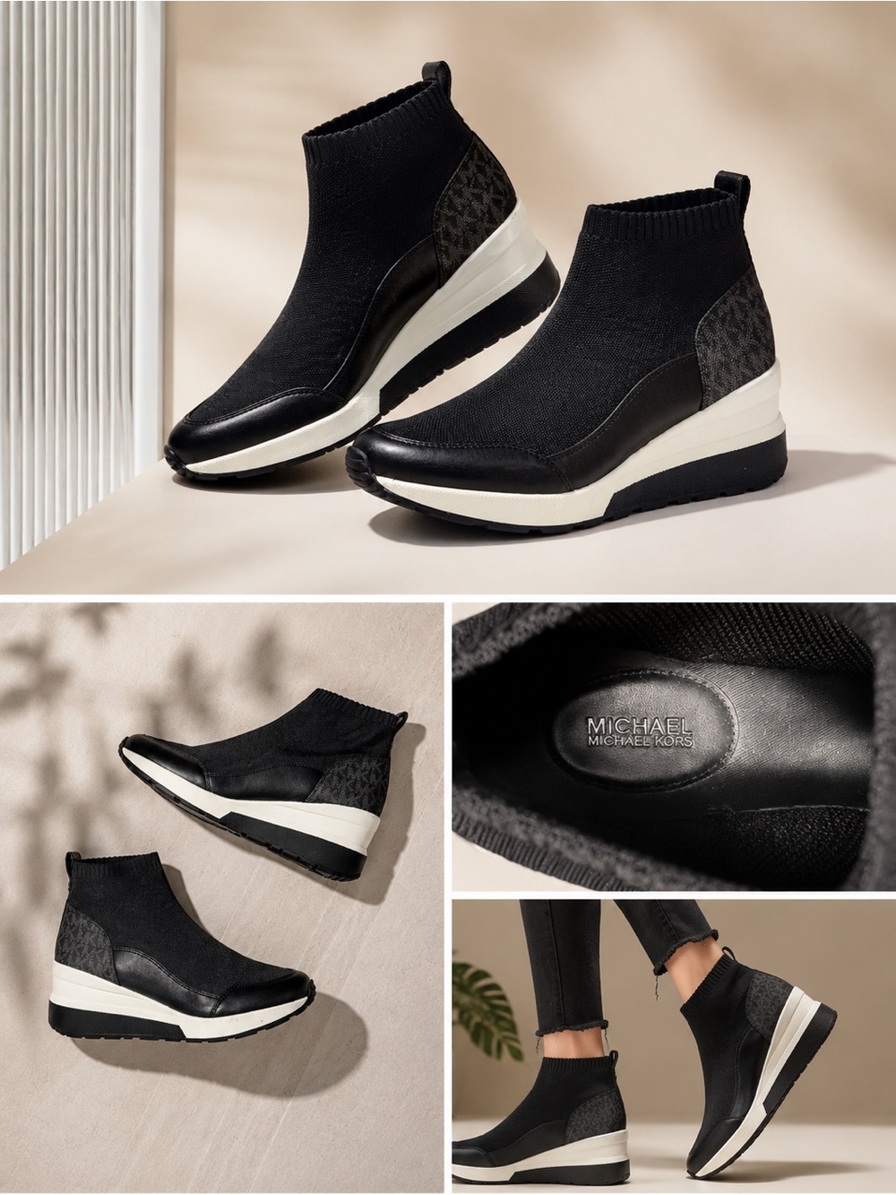 Michael Kors Black Knit Wedge Booties with White Midsole
